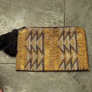 West elm beaded Woven Tan and Black Coin purse with Tassel
